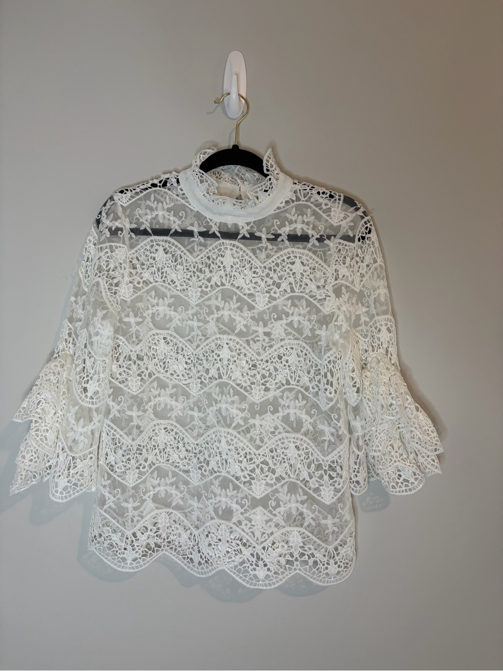Ina Mock Neck Tiered Bell Sleeve White Lace Sheer Blouse Size M